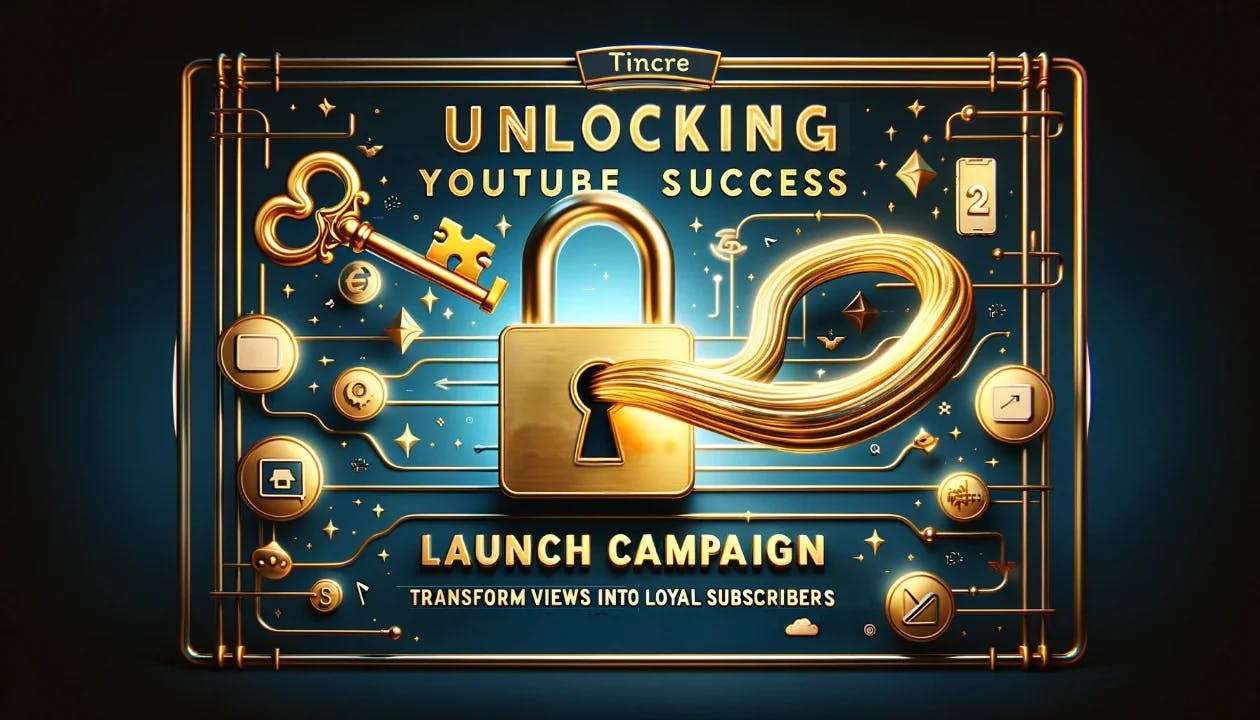 A green and gold key-mindmap mash up that has a lock in the middle and the text Unlocking YouTube Success - Transform views into loyal subscribers.
